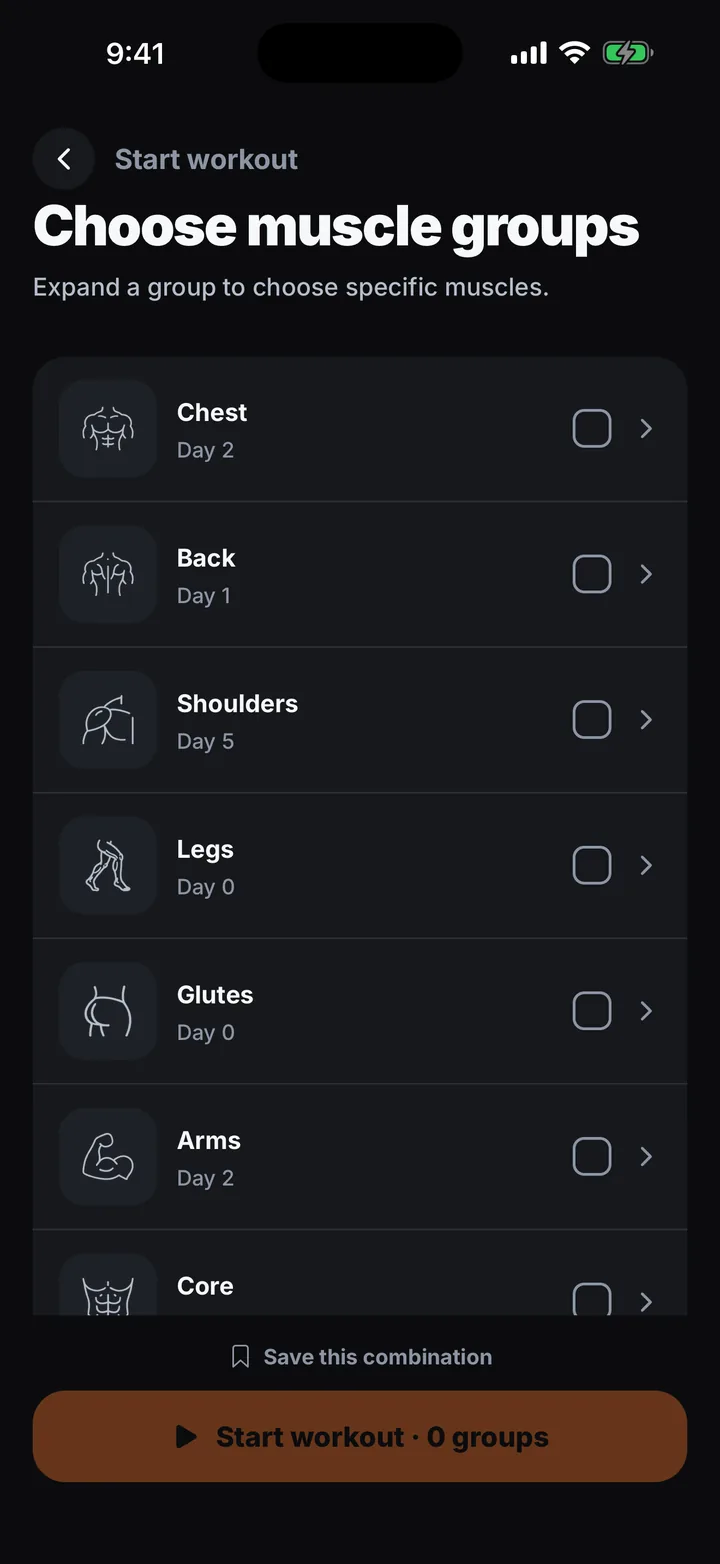Muscle picker — chest, back and shoulders, each showing days since the last session
